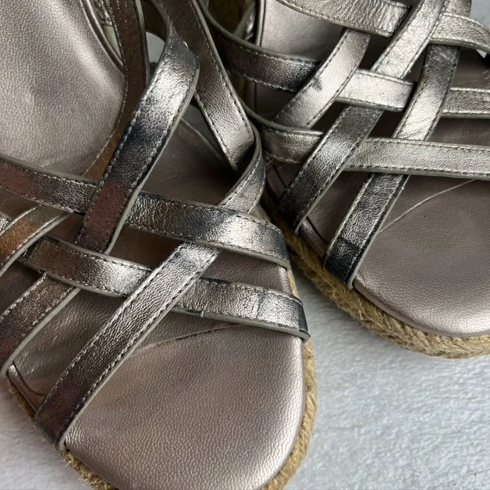 ** Cole Haan Strappy Silver Metallic Espadrille Wedge Sandals Size 8.5B